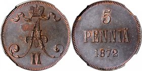 FINLAND. 5 Pennia, 1872. Alexander II. NGC MS-62 Brown.
KM-4.2; Sieg-10. Tied for second finest certified of the date with three other examples at ei...