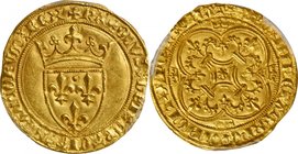 FRANCE. Ecu d'Or, ND (1380-1422). Charles VI. PCGS MS-63 Gold Shield.
3.94 gms. Fr-291; Dupl-369; Ciani-484. Dramatic quality for the issue with vibr...