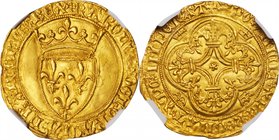 FRANCE. Ecu d'Or, ND (1380-1422). Charles VI. NGC-61.
3.89 gms. Fr-291; Dupl-369; Ciani-484. This écu d'or à la couronne replaced the franc à cheval ...
