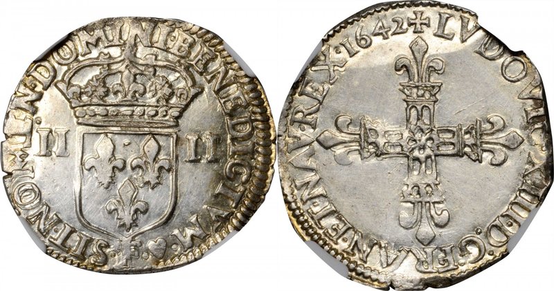 FRANCE. 1/4 Ecu, 1642-F. Angers Mint. Louis XIII. NGC MS-60.
KM-47.6; Gad-27. W...