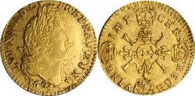 FRANCE. Louis d'Or, 1694-D. Lyon Mint. Louis XIV. PCGS AU-53 Gold Shield.
Fr-433; KM-302.6; Gad-252. A typically crude example of this classic type, ...