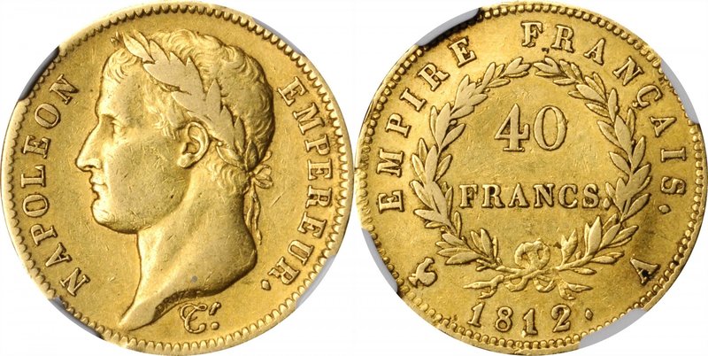 FRANCE. 40 Francs, 1812-A. Paris Mint. Napoleon I. NGC EF-45.
Fr-505; KM-696.1;...