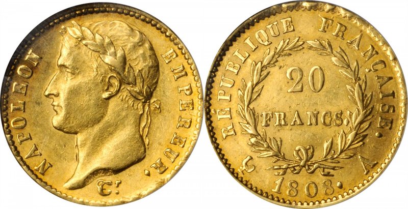 FRANCE. 20 Francs, 1808-A. Paris Mint. Napoleon I. NGC MS-61.
Fr-499; KM-687.1;...