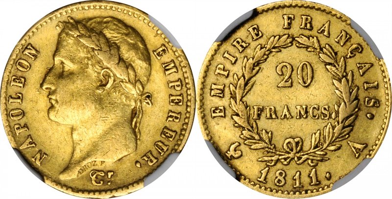 FRANCE. 20 Francs, 1811-A. Paris Mint. Napoleon I. NGC EF-40.
Fr-511; KM-695.1;...