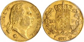 FRANCE. 20 Francs, 1817-W. Lille Mint. Louis XVIII. PCGS EF-45 Gold Shield.
Fr-539; KM-712.9; Gad-1028. A moderately circulated example, lightly tone...