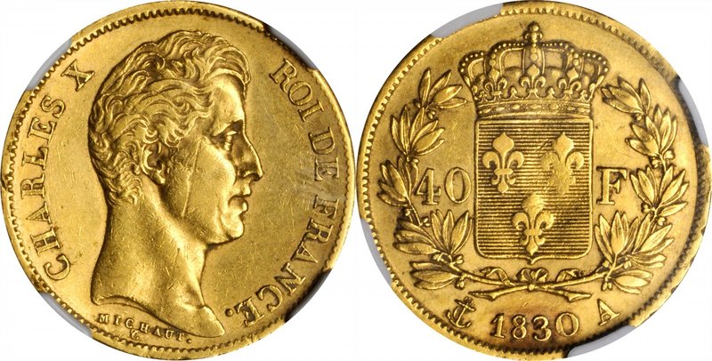 FRANCE. 40 Francs, 1830-A. Paris Mint. Charles X. NGC AU-50.
Fr-547; KM-721.1; ...