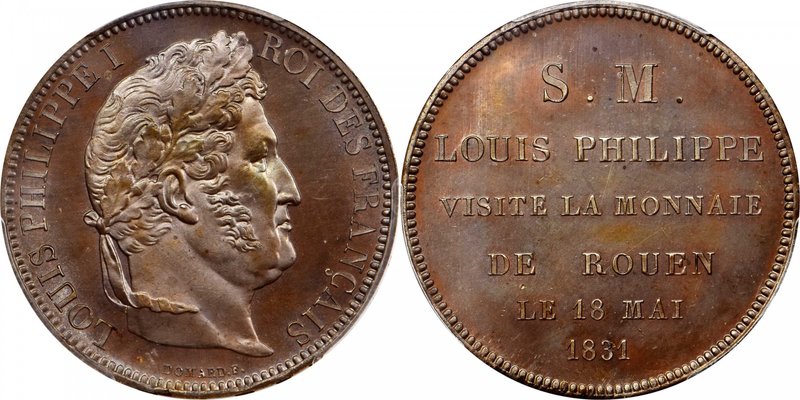 FRANCE. Bronze Medallic 5 Francs, 1831. Louis Philippe I. PCGS SP-65 Brown Gold ...