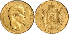 FRANCE. 50 Francs, 1857-A. Paris Mint. Napoleon III. PCGS AU-58 Gold Shield.
Fr-571; KM-785.1; Gad-1111. A gently circulated example of this iconic 1...