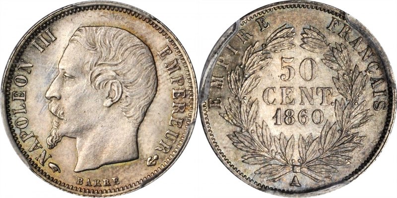 FRANCE. 50 Centimes, 1860-A. Paris Mint. Napoleon III. PCGS MS-65 Gold Shield.
...