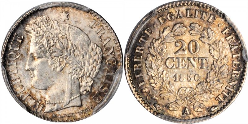 FRANCE. 20 Centimes, 1850-A. Paris Mint. PCGS MS-65+ Gold Shield.
KM-758.1; Gad...