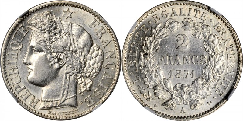 FRANCE. 2 Franc, 1871-A. Paris Mint. NGC MS-62.
KM-817.1; Gad-530. Large "A" va...