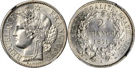 FRANCE. 2 Franc, 1871-A. Paris Mint. NGC MS-62.
KM-817.1; Gad-530. Large "A" variety. Well struck and blast white with cartwheel luster.
Estimate: $...