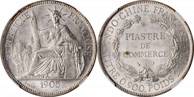 FRENCH INDO-CHINA. Piastre, 1905-A. Paris Mint. NGC AU-58.
KM-5a.1; Gad-35; Lec...