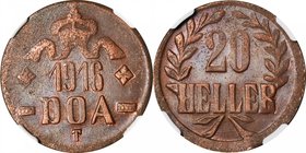 GERMAN EAST AFRICA. Copper 20 Heller, 1916-T. NGC MS-63 Brown.
KM-15. Variety with small crown and pointed tips on both "L"s. A lustrous example with...
