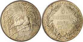 GERMAN NEW GUINEA. 5 Mark, 1894-A. Berlin Mint. PCGS AU-53 Gold Shield.
KM-7. An ever-popular world crown that features a depiction of a bird of para...