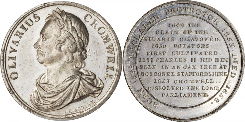 GREAT BRITAIN. White Metal Death of Oliver Cromwell Medal, 1658. Choice Extremel...