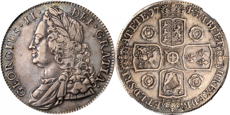 GREAT BRITAIN. Crown, 1743. George II. NGC EF-45.
S-3688; Dav-1349; KM-585.1. R...