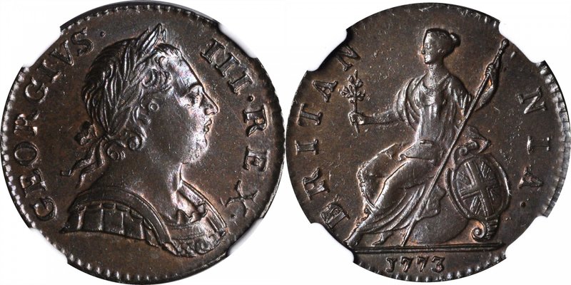 GREAT BRITAIN. 1/2 Penny, 1773. George III. NGC MS-63 Brown.
S-3774; KM-601. A ...