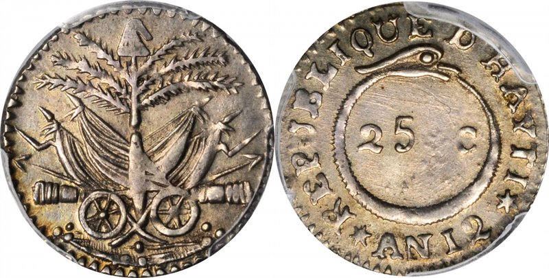 HAITI. 25 Centimes, AN 12 (1815). PCGS MS-63 Gold Shield.
KM-12.2. Well struck ...