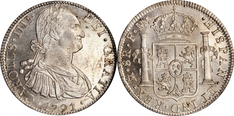 MEXICO. 8 Reales, 1791-Mo FM. Charles IV (1788-1808). NGC MS-62.
KM-109; FC-78;...