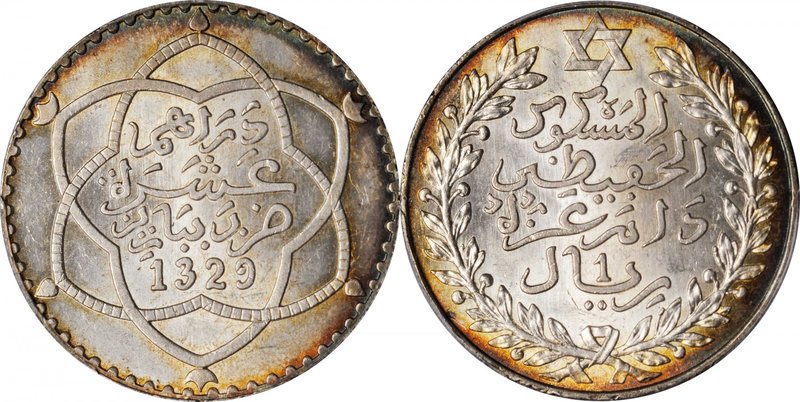 MOROCCO. Rial (10 Dirhams), AH 1329 (1911). Paris Mint. PCGS MS-63 Gold Shield....