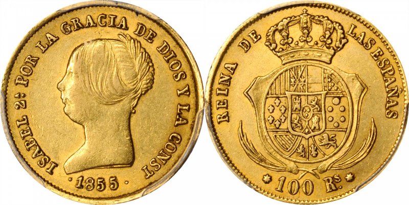 SPAIN. 100 Reales, 1855. Isabel II. PCGS AU-55 Gold Shield.
Fr-330; KM-596.3. 7...