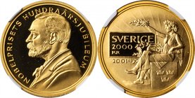 SWEDEN. 2000 Kronor, 2001-B. NGC PROOF-69 Ultra Cameo.
KM-901. Mintage: 5,000. Nobel Prize Centennial issue. Possessing complete frost on the designs...