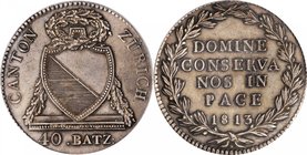 SWITZERLAND. Zurich. 40 Batzen, 1813-B. Bern Mint. PCGS MS-62.
Dav-366; KM-191; HMZ-2-1172b; Divo-18. "B" on Reverse variety. Evenly struck with deep...