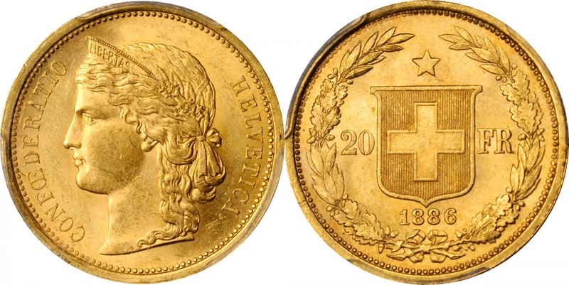 SWITZERLAND. 20 Francs, 1886. PCGS MS-63 Gold Shield.
Fr-495; KM-31.3; HMZ-2-11...