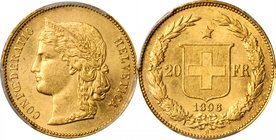 SWITZERLAND. 20 Francs, 1896-B. PCGS MS-63 Gold Shield.
Fr-495; KM-31.3; HMZ-2-1194n; Divo-292. A lustrous example with few distracting marks and lig...