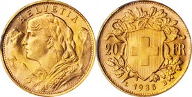 SWITZERLAND. 20 Francs, 1935-LB. PCGS MS-65.
Fr-499; KM-35.1. Full Gem quality with attractive rose and orange toning accents.
Estimate: $200.00 - $...