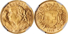 SWITZERLAND. 20 Francs, 1925-B. NGC MS-66.
Fr-499; KM-35.1; HMZ-2-1195w; Divo-293. Sharply struck and lustrous in the fields.
Estimate: $250.00 - $3...