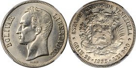 VENEZUELA. 5 Bolivares, 1935. NGC MS-63.
KM-Y-24.2. A lustrous example that possesses a few milling marks on Bolivar's portrait that prevent an even ...