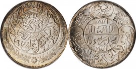 YEMEN. Imadi Riyal, AH 1344 (1926). PCGS MS-66 Gold Shield.
Y-7. A boldly struck Gem with silvery luster in the fields and attractive tone on both si...