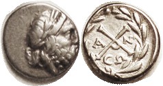ACHAEAN League , ANTIGONEIA , Ar Hemidrachm, 196-146 BC, Zeus head r/X monogram ...