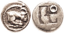 AKANTHOS , Tetrobol, 480-465 BC, Forepart of lion r, devouring prey, as S1363A (...
