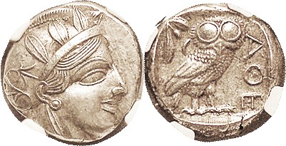 ATHENS , Tet, 449-413 BC, Athena head r/owl stg r, S2526; in NGC slab as CH AU, ...