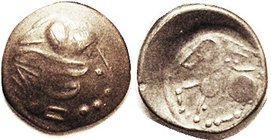 Danubian Celts (not to be confused with the Nubian Celts), Ar Tet, 2nd-1st cent BC, Celticized head r./"saddle head" horse l; F-VF, typically crude, r...