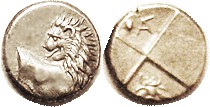 CHERRONESOS , Hemidrachm, 400-350 BC, Lion forepart/ rev divided in four, in one...