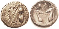 EPHESOS , Diobol, 390-330 BC, Bee/2 confronted stag heads; VF, obv somewhat off-ctr, rev well centered, slightest hint of graininess, ltly toned, dece...