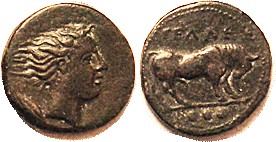 GELA , Æ17, Trias, 420-405 BC, Bull stg r, 3 pellets/Head of River God Gelas r, ...