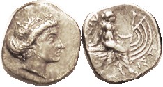 HISTIAIA , Tetrobol, 3rd cent BC, Nymph head r/nymph std on galley stern, S2496;...