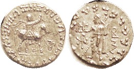 INDO-SKYTHIANS, Azes I, 58-12 BC, Ar Drachm, King on horse r/Zeus stg l, hldg Nike, 3 monograms; EF, rev sl off-ctr, some of lgnds off, decent silver ...