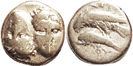ISTROS , Stater, 400-350 BC, Two facg heads, left inverted/ eagle atop dolphin, ...
