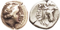 KNIDOS , Hemidrachm, 387-300 BC, Aphrodite head r/Head & neck of bull, Magistrat...
