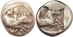 LARISSA , Hemidrachm, 480-450 BC, Youth restraining bull r/horse forepart r in s...