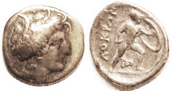 LOCRIS Opuntia , Hemidrachm or 1/4 Stater, 369-338 BC, Persephone head r/Ajax stg r, monogram betw legs, as S2330 (£125); Bold F/AVF, centered, decent...