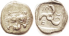 LYCIAN Dynasts, Mithrapata, 390--370 BC, Diobol or 1/6 Stater, Facing lion scalp/ Triskeles, 3 clear letters around, as S5228 (£120); Choice VF+, well...