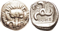 Perikle, 380-360 BC, 1/3 Stater (Tetrobol), Facg lion scalp/triskeles, facing Ap...