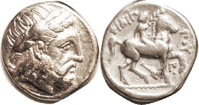 MACEDON , Philip II, 359-336 BC, Tet, Zeus head r/Youth on horse right, dolphin ...